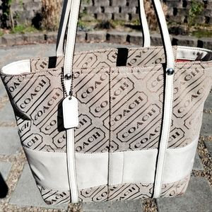 Vintage Coach Tan & Cream Logo Canvas & Leather Tote w/Red Interior